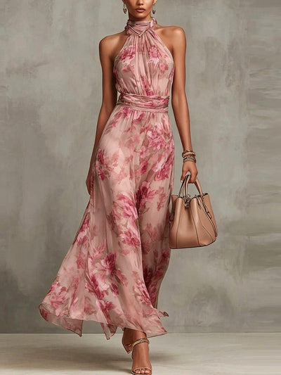 Abito Maxi in Chiffon Floreale Rosa