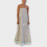 Hasel - Robe Maxi Beige Off-Shoulder avec Motif Géométrique