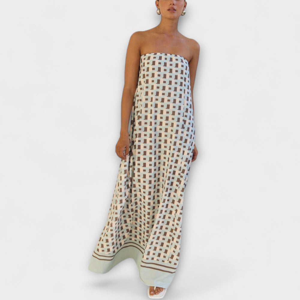 Hasel - Robe Maxi Beige Off-Shoulder avec Motif Géométrique