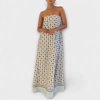 Hasel - Robe Maxi Beige Off-Shoulder avec Motif Géométrique