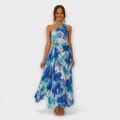 Sienna - Robe Maxi Bleue à Découpes et Motif Aquarelle