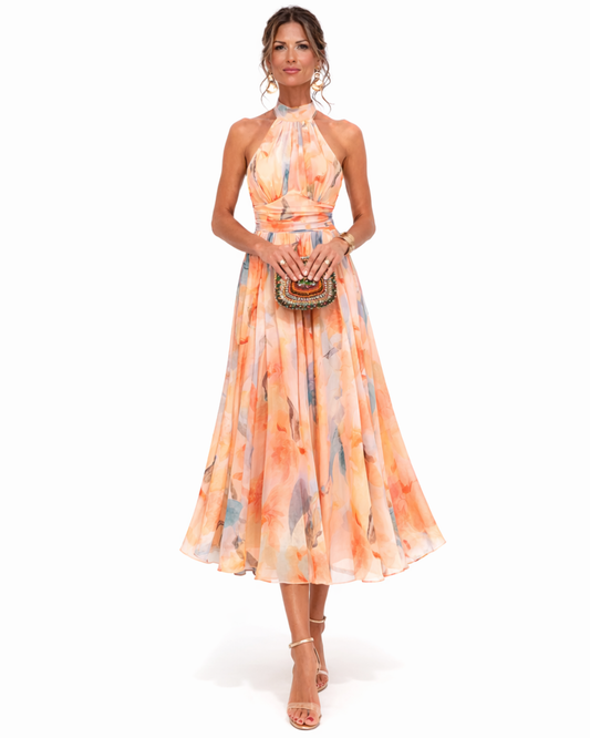 Ninfea | Abito Lungo Halter con Stampa ad Acquerello