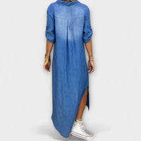 Lea - Robe Bleu Denim avec Fente Latérale