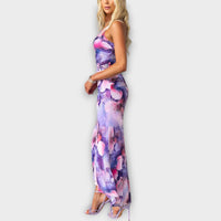 Pia - Robe Maxi Lila à Imprimé Floral et Détails Froncés
