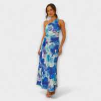 Sienna - Robe Maxi Bleue à Découpes et Motif Aquarelle