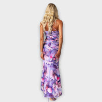 Pia - Robe Maxi Lila à Imprimé Floral et Détails Froncés