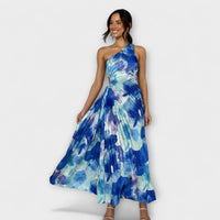 Sienna - Robe Maxi Bleue à Découpes et Motif Aquarelle