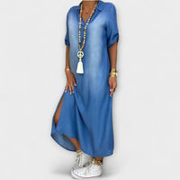 Lea - Robe Bleu Denim avec Fente Latérale