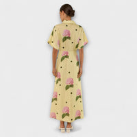 Liselotte - Robe Longue Jaune Pâle à Motif d'Hortensia