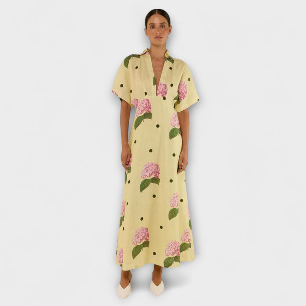 Liselotte - Robe Longue Jaune Pâle à Motif d'Hortensia