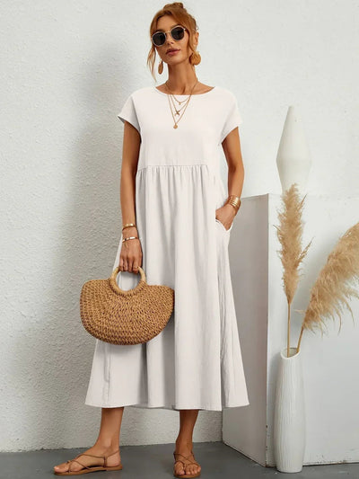 Rosalba | Abito Midi Comodo a Maniche Corte con Tasche