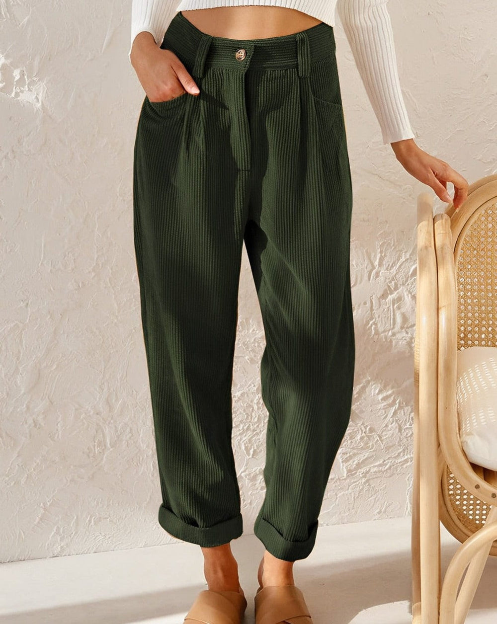 Teodora | Pantaloni Ampi a Vita Alta con Risvolto