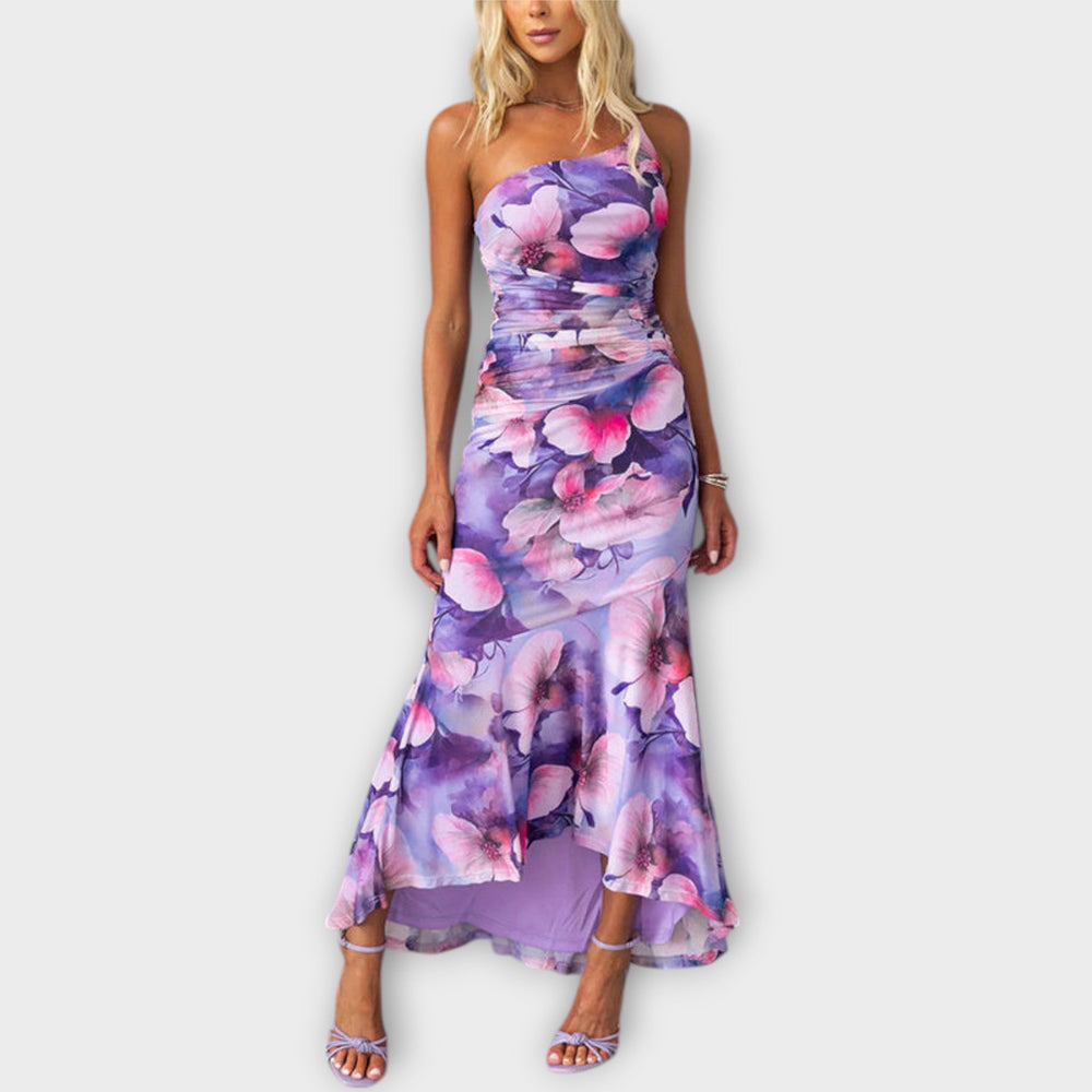 Pia - Robe Maxi Lila à Imprimé Floral et Détails Froncés