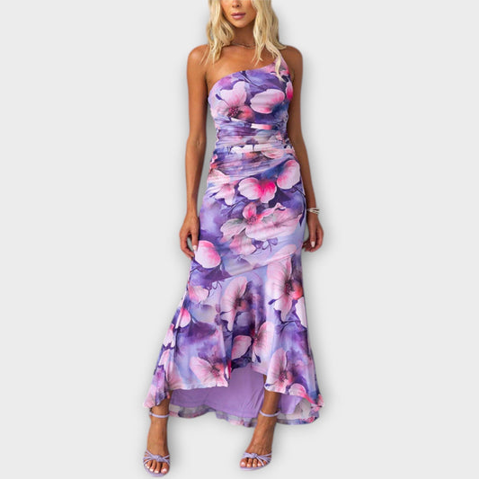 Pia - Robe Maxi Lila à Imprimé Floral et Détails Froncés