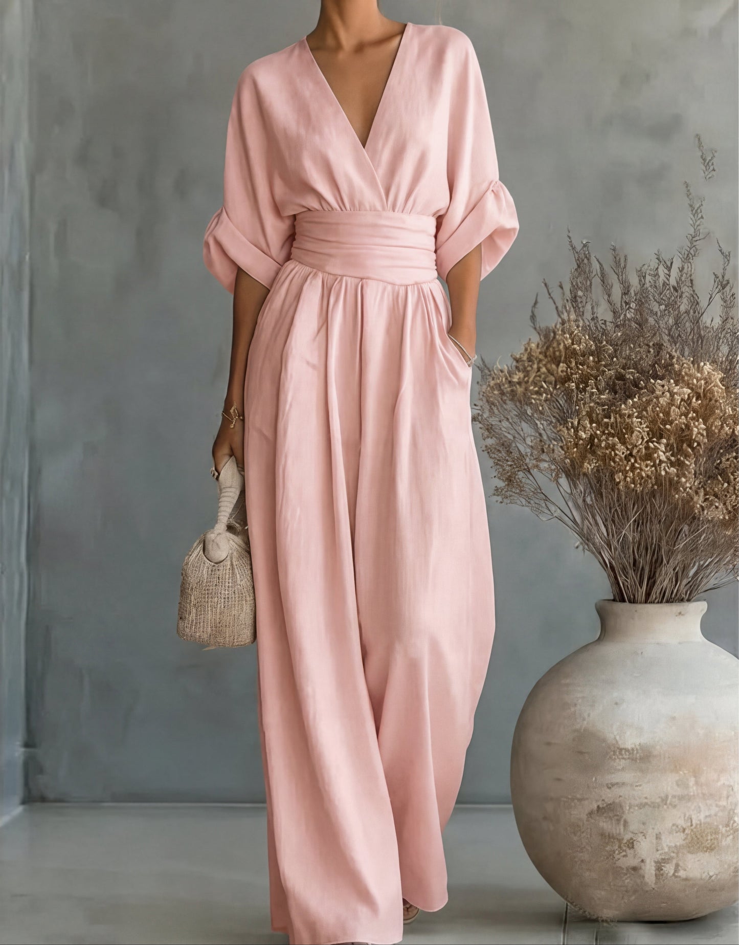 Daniela - Tuta elegante con scollatura a V e pantaloni a gamba larga