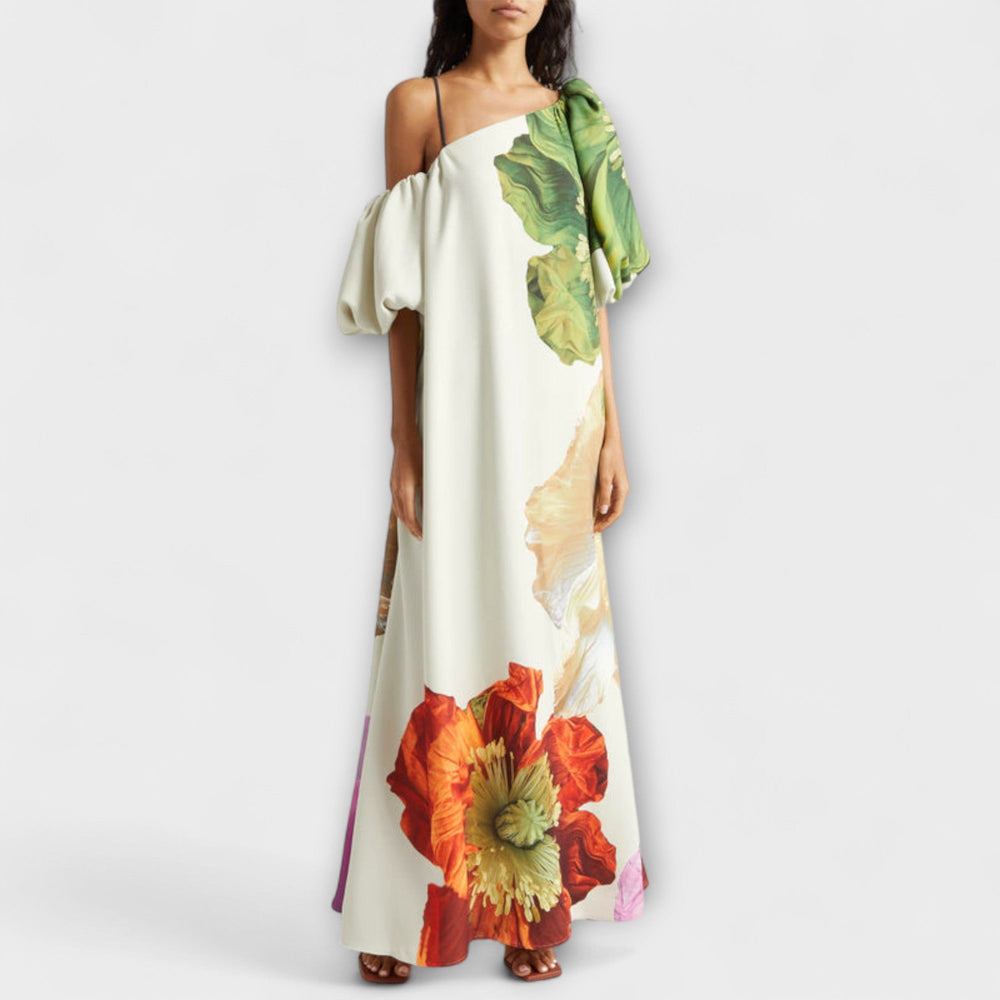 Melody - Robe Maxi Blanche à Épaules Dénudées avec Imprimé Floral