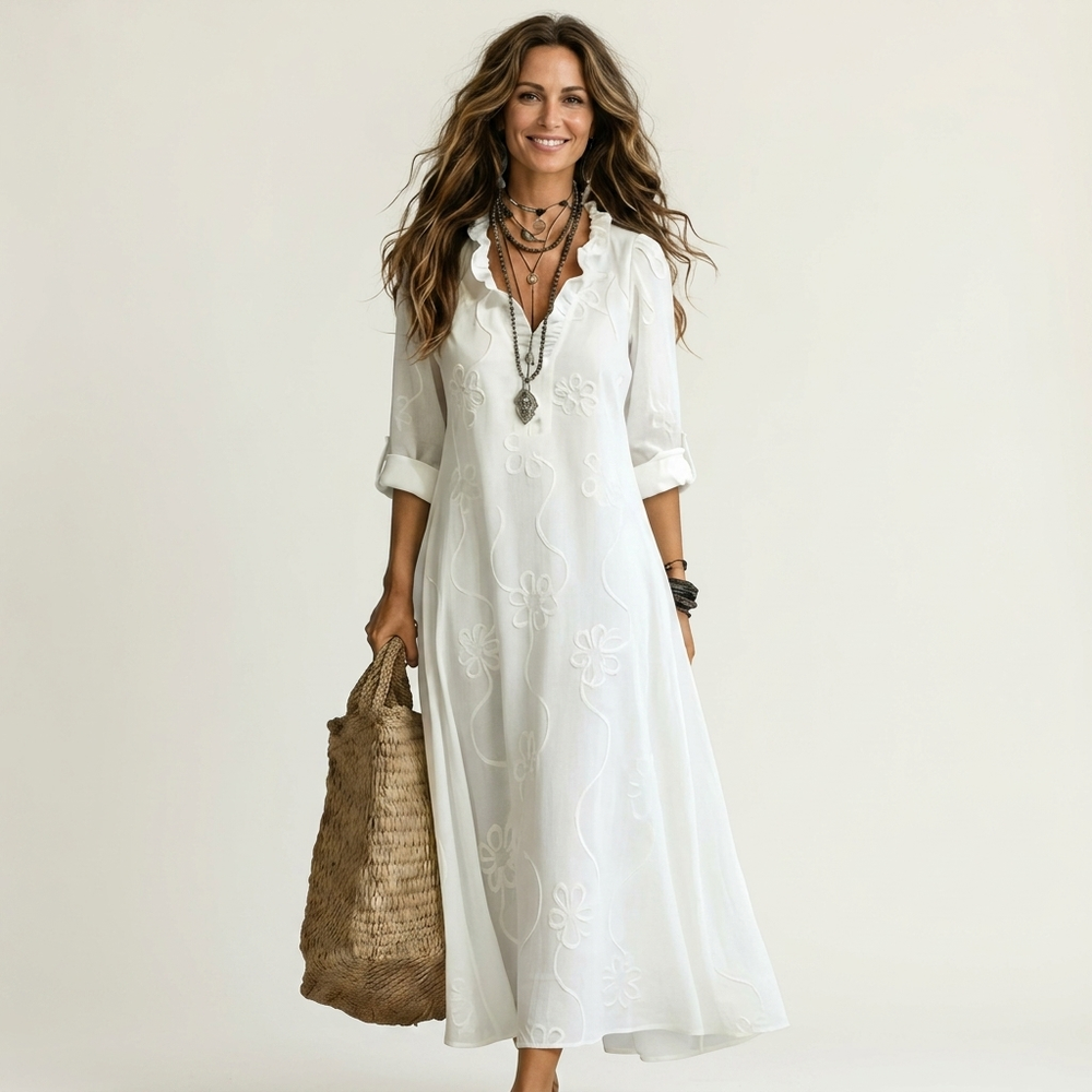 Marisa | Abito Maxi in Cotone-Lino con Ricamo Floreale Tono su Tono