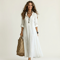 Marisa | Abito Maxi in Cotone-Lino con Ricamo Floreale Tono su Tono