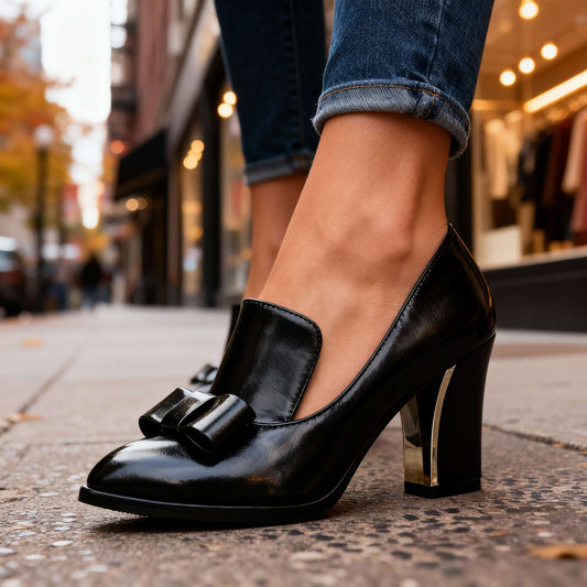 Décolleté mocassino Lucette con fiocco e tacco a blocco