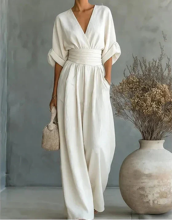 Daniela - Tuta elegante con scollatura a V e pantaloni a gamba larga