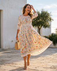 Cosima | Abito Midi Floreale in Cotone con Pizzo