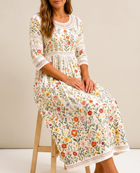 Cosima | Abito Midi Floreale in Cotone con Pizzo